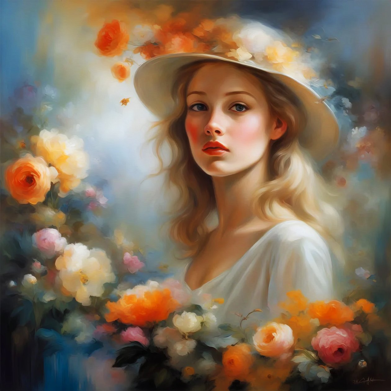 Vakker kvinne i landskap og blomster, blomsterveggkunsttrykk av F. Abderrahim