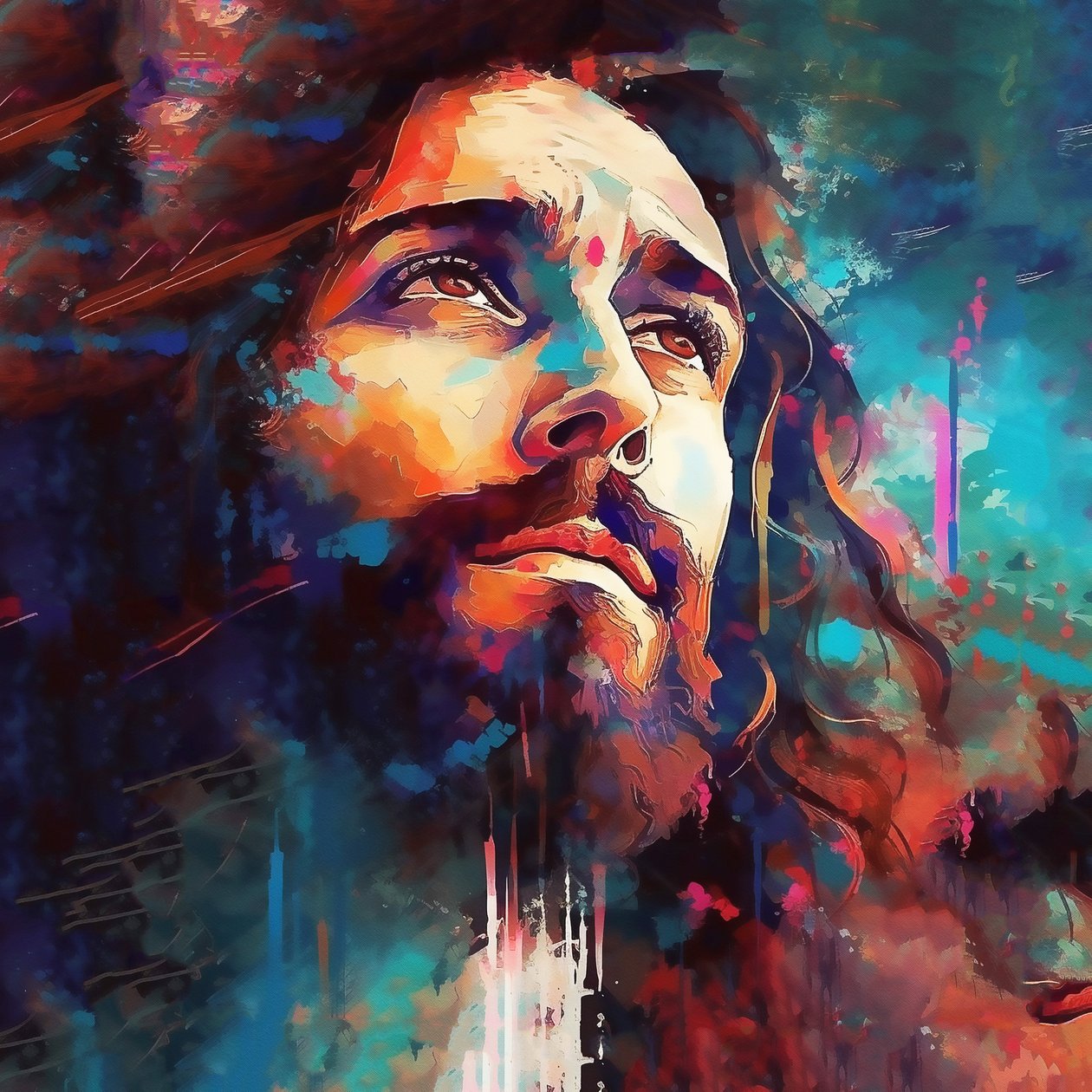 Vakkert ansikt til Jesus Kristus, abstrakt portrett, veggkunsttrykk på forespørsel av F. Abderrahim