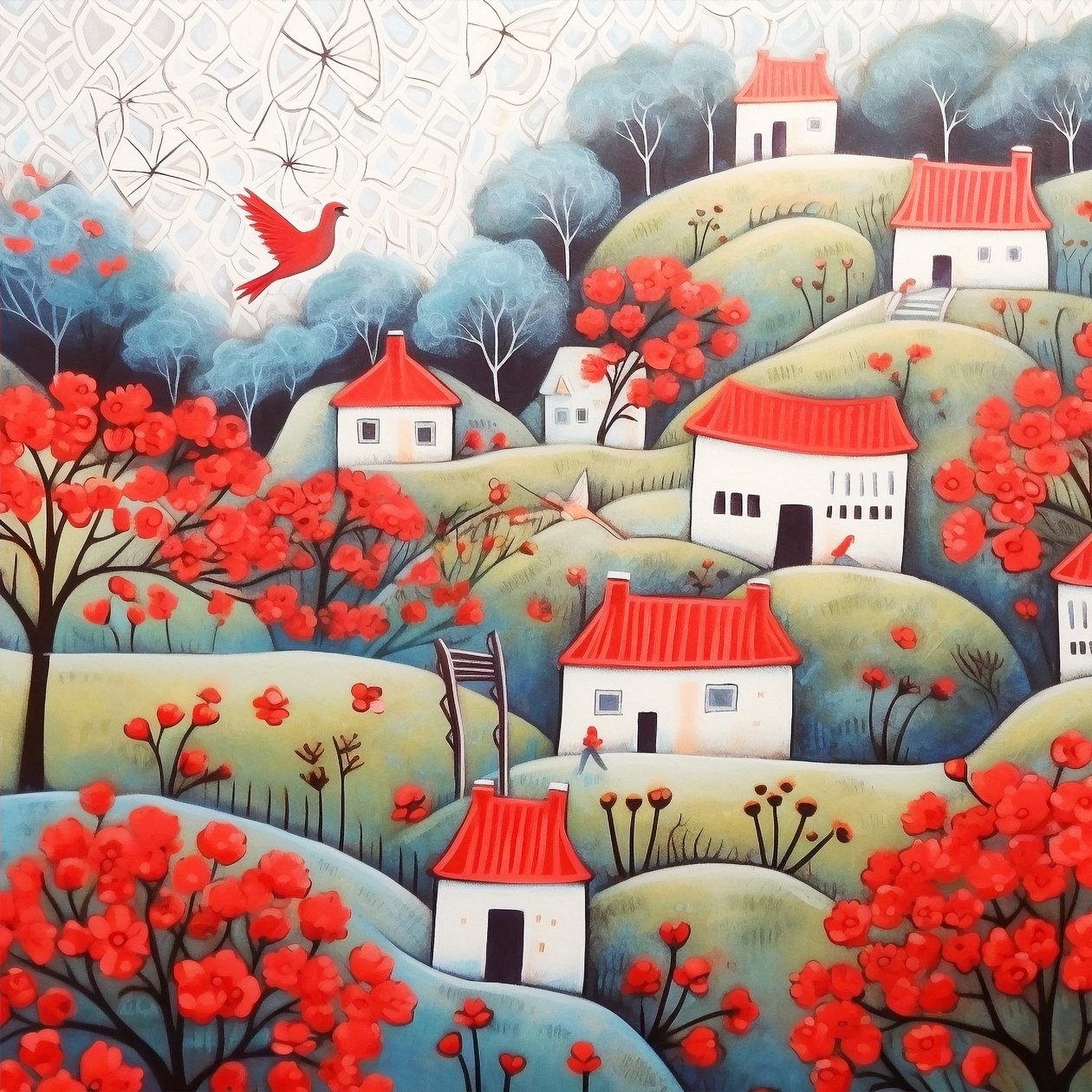 Vakre hus i et rødt og lilla landskap, et surrealistisk maleri, lerretstrykk av F. Abderrahim