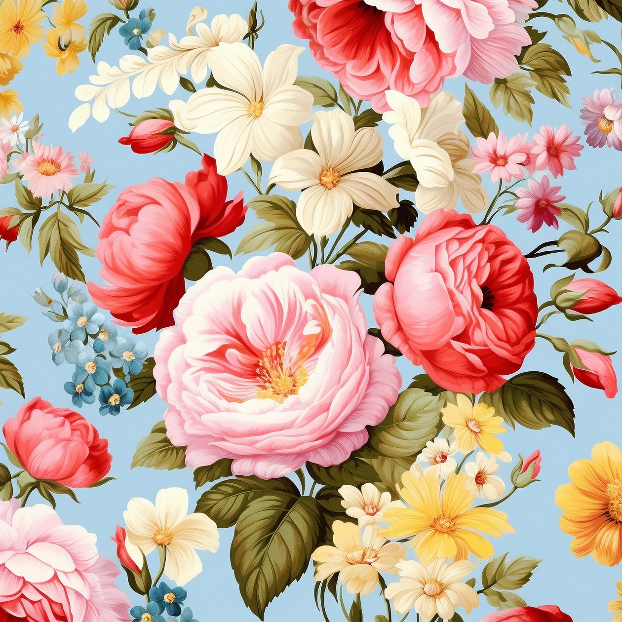 Vakkert rosa floral botanisk motivmønster, lyse farger, veggkunsttrykk av F. Abderrahim