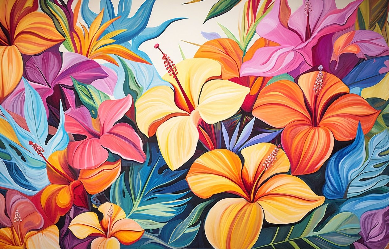 Bukett med fargerike hibiskusblomster, blomstermaleri, kunsttrykk av F. Abderrahim