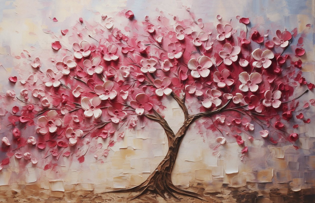 Brown Floral Harmony: Oljemaleri av et blomstrende tre, veggkunsttrykk av F. Abderrahim