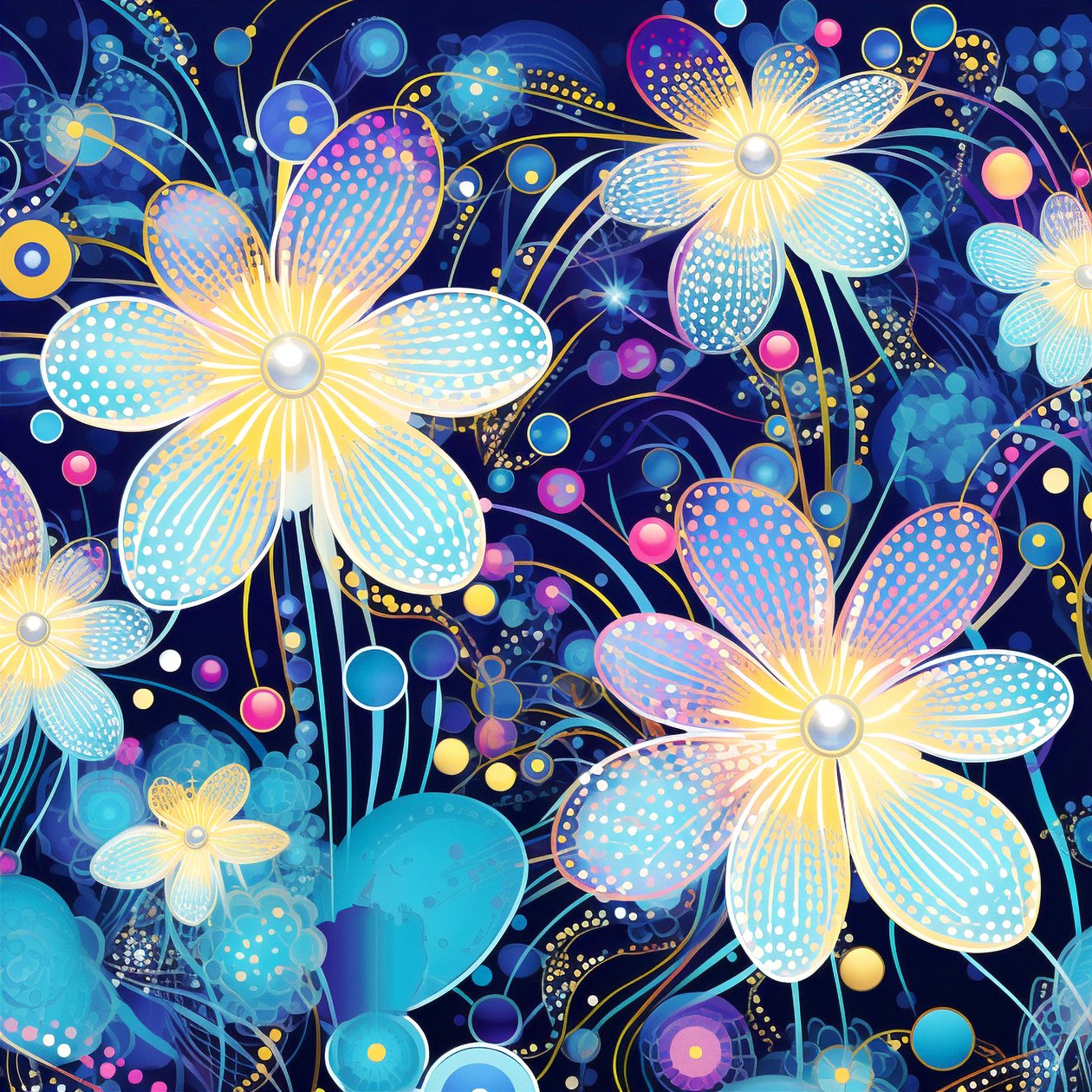 Blomstermotivmønster i blått, yayoi kusama-stil, kunsttrykk online av F. Abderrahim