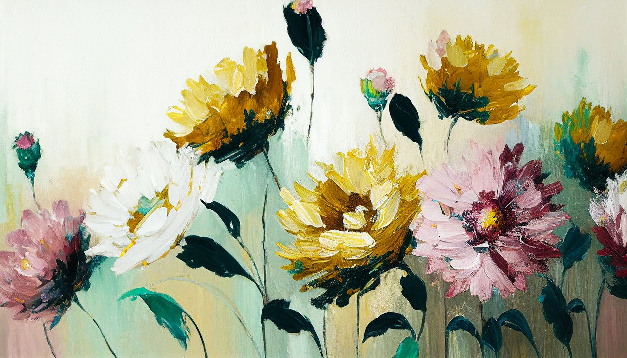 Blomsterstillebenmaleri på horisontalt lerret, veggkunsttrykk på forespørsel av F. Abderrahim