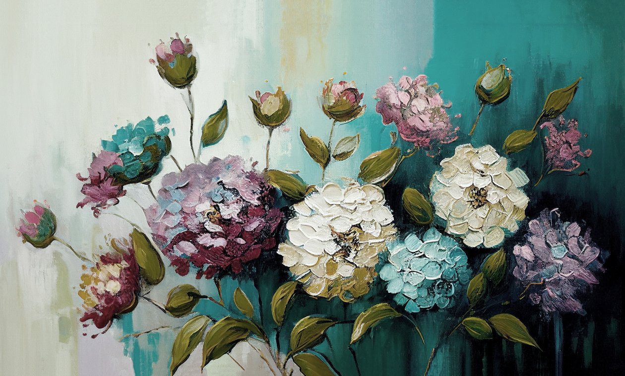Blomsterstillebenmaleri på lerret til salgs, online veggkunsttrykk av F. Abderrahim