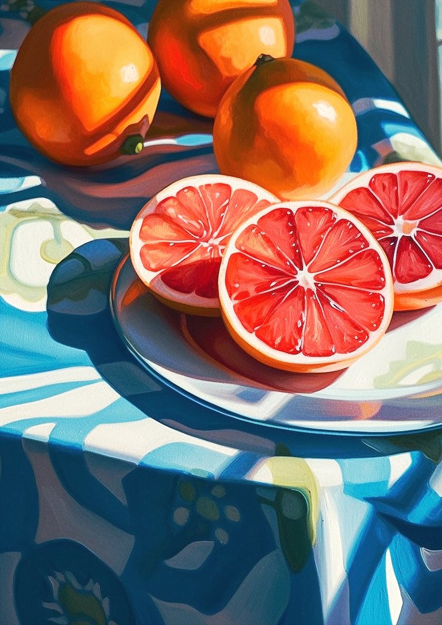 Grapefruktskiver, dekor kjøkken stilleben maleri, kunsttrykk online av F. Abderrahim