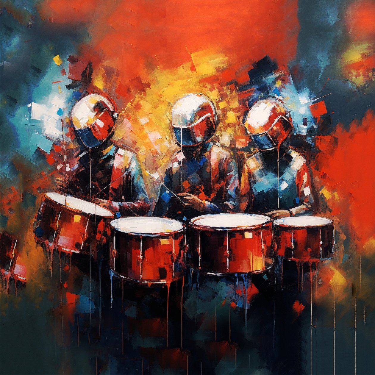 Gruppe med musikere trommeslagere som spiller trommer, rockemusikk, utskrivbar digital kunst av F. Abderrahim
