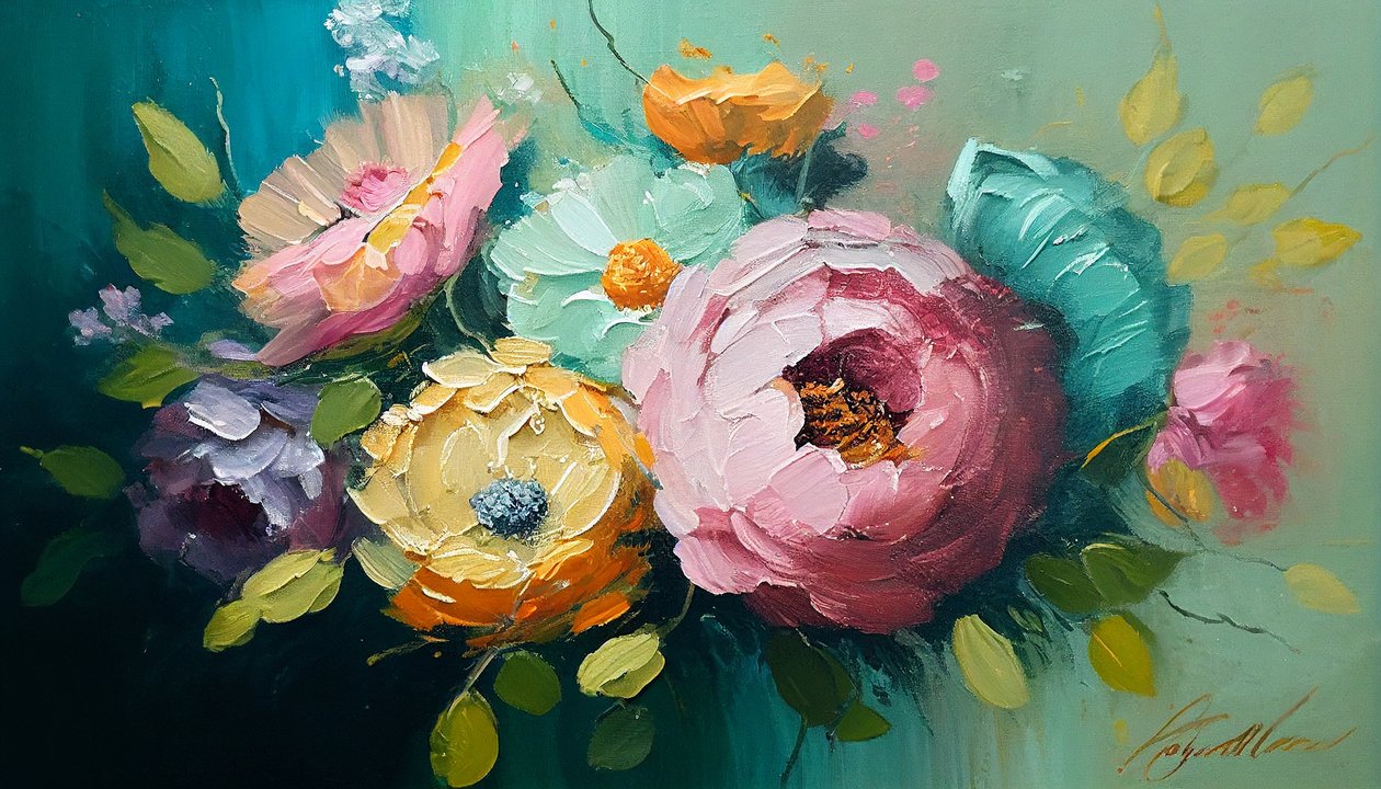 Horisontalt abstrakt blomsterstillebenmaleri på lerrets veggkunsttrykk av F. Abderrahim