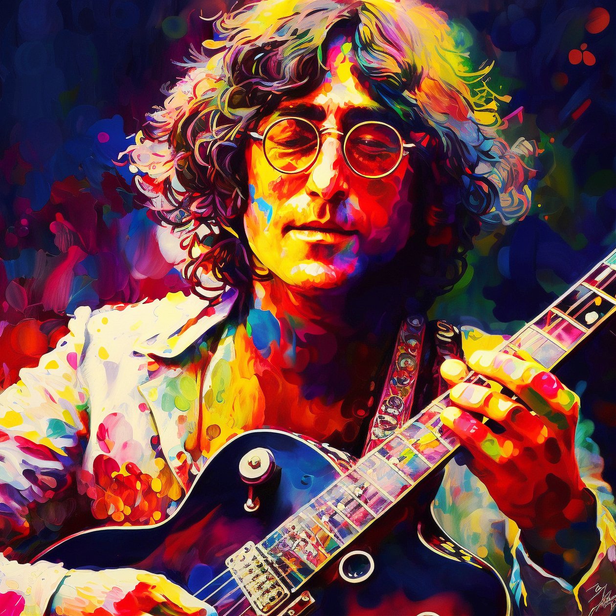 John Lennon portrettmusiker som spiller gitar, 70-talls musikk på veggkunst av F. Abderrahim