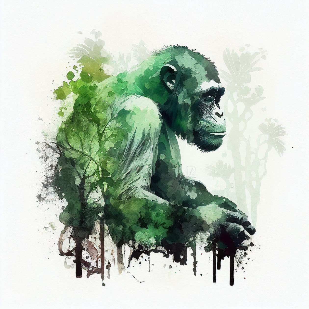 Jungle Monkey, sjimpanse, dobbelteksponert akvarellmaling, kunstutskrifter av F. Abderrahim
