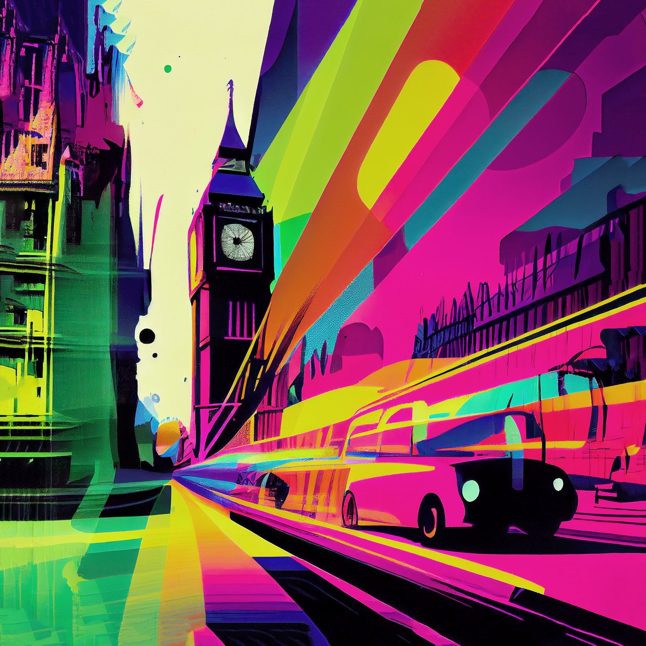 London fargerike surrealistiske tegneserier, tegneserieabstraksjon, veggkunsttrykk i Storbritannia av F. Abderrahim