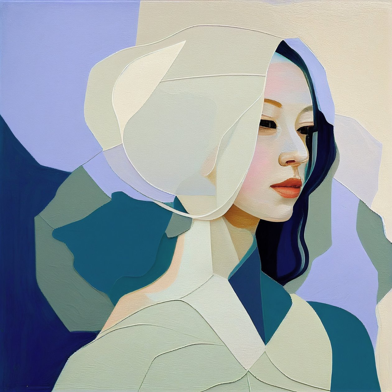 Minimalistisk abstrakt maleri, vakker kvinne med blondt hår, veggkunsttrykk av F. Abderrahim