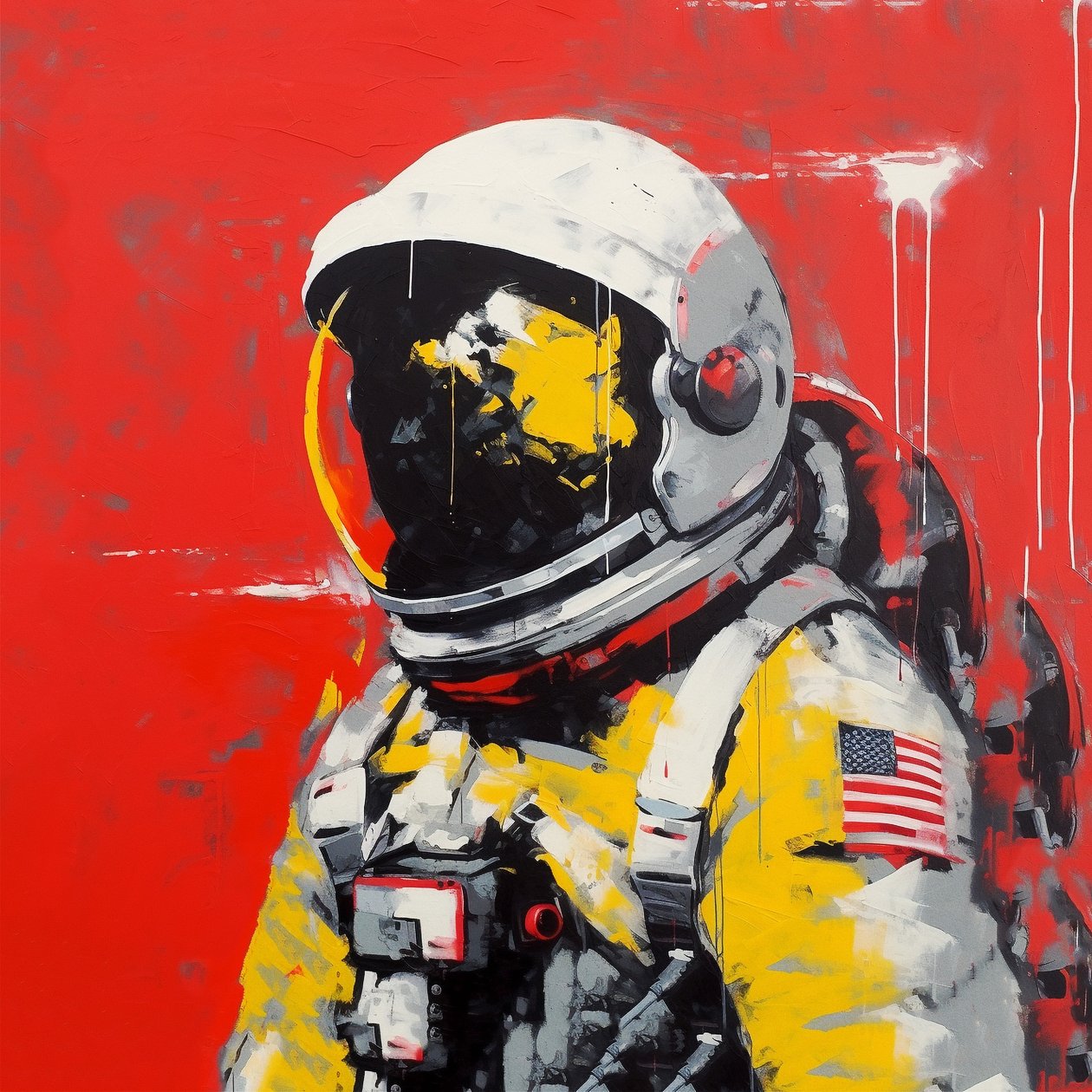 Minimalistisk maleri med tykke streker En astronaut i verdensrommet, veggkunst | Lerretstrykk av F. Abderrahim