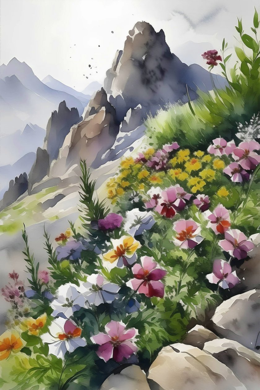 Mountain Summit-blomster, botaniske og naturlige veggkunsttrykk av F. Abderrahim