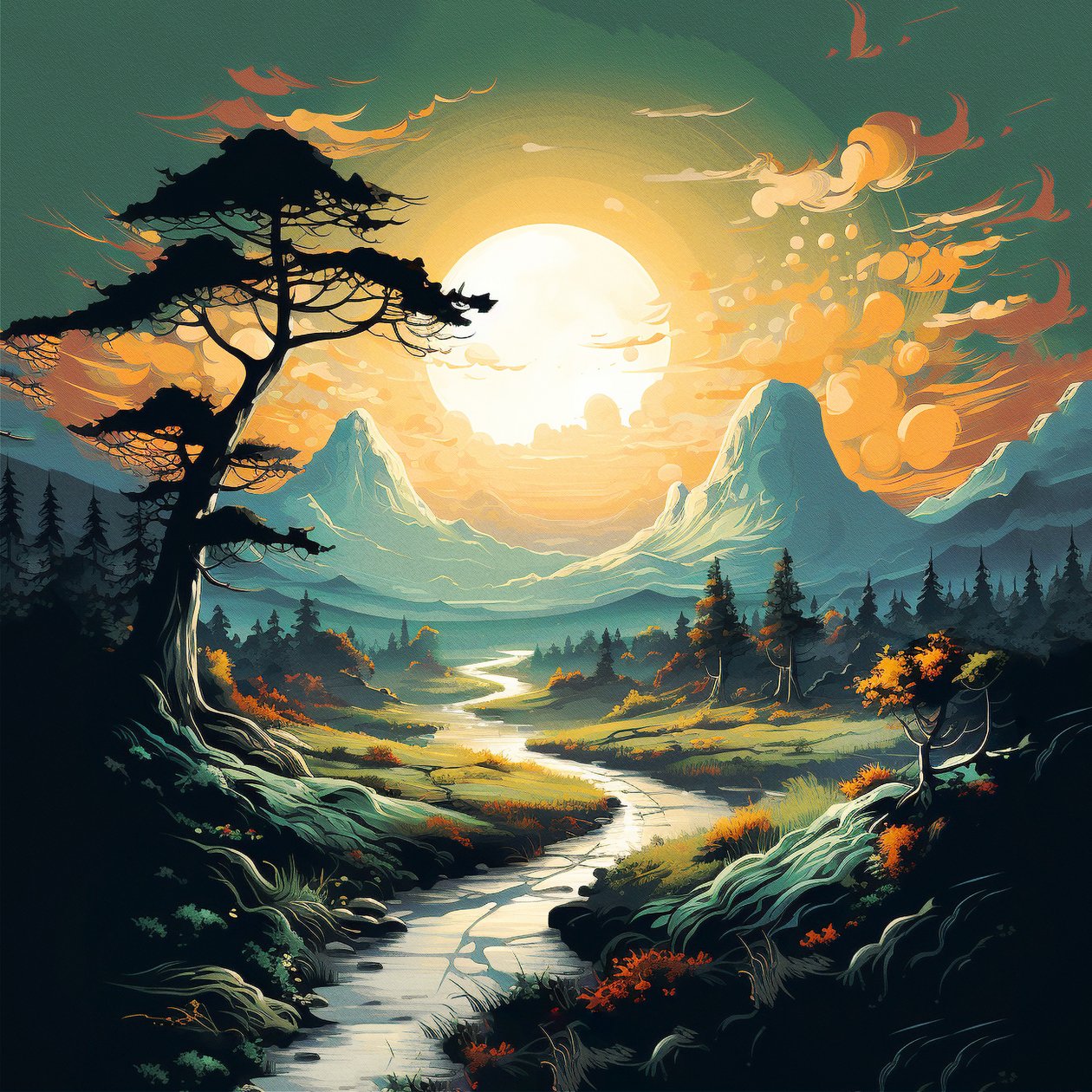 Mountain a river landscape soloppgang, lerret og veggkunsttrykk online av F. Abderrahim