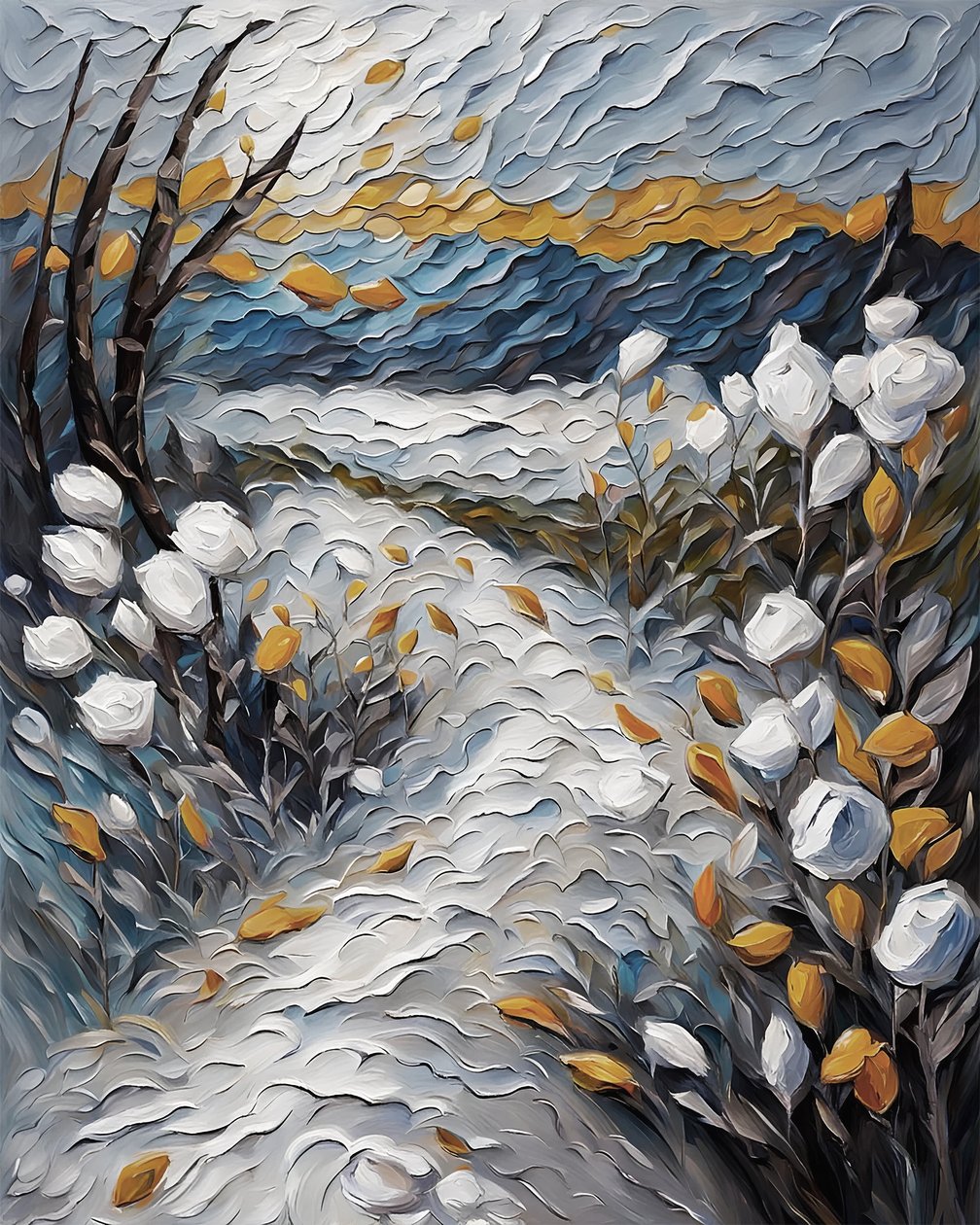 Naturscene, fjelltopp, blomsterlandskap, lerret og veggkunsttrykk av F. Abderrahim