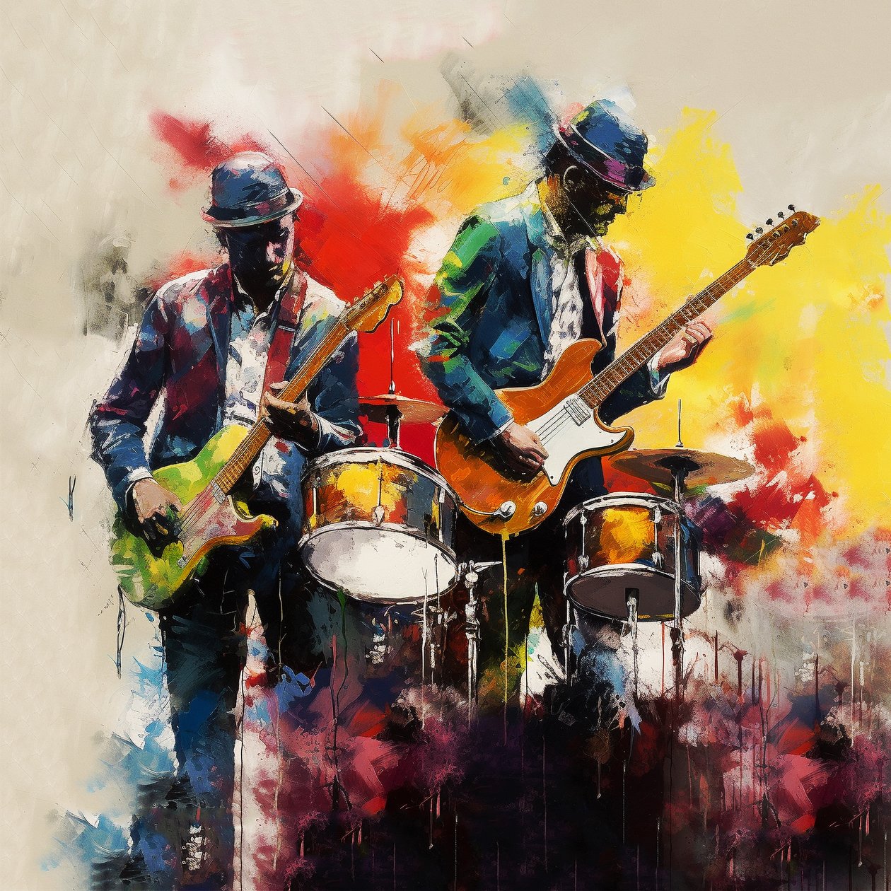 Rock amp; jazz musikerband som spiller gitar, penselmaling, veggkunsttrykk av F. Abderrahim
