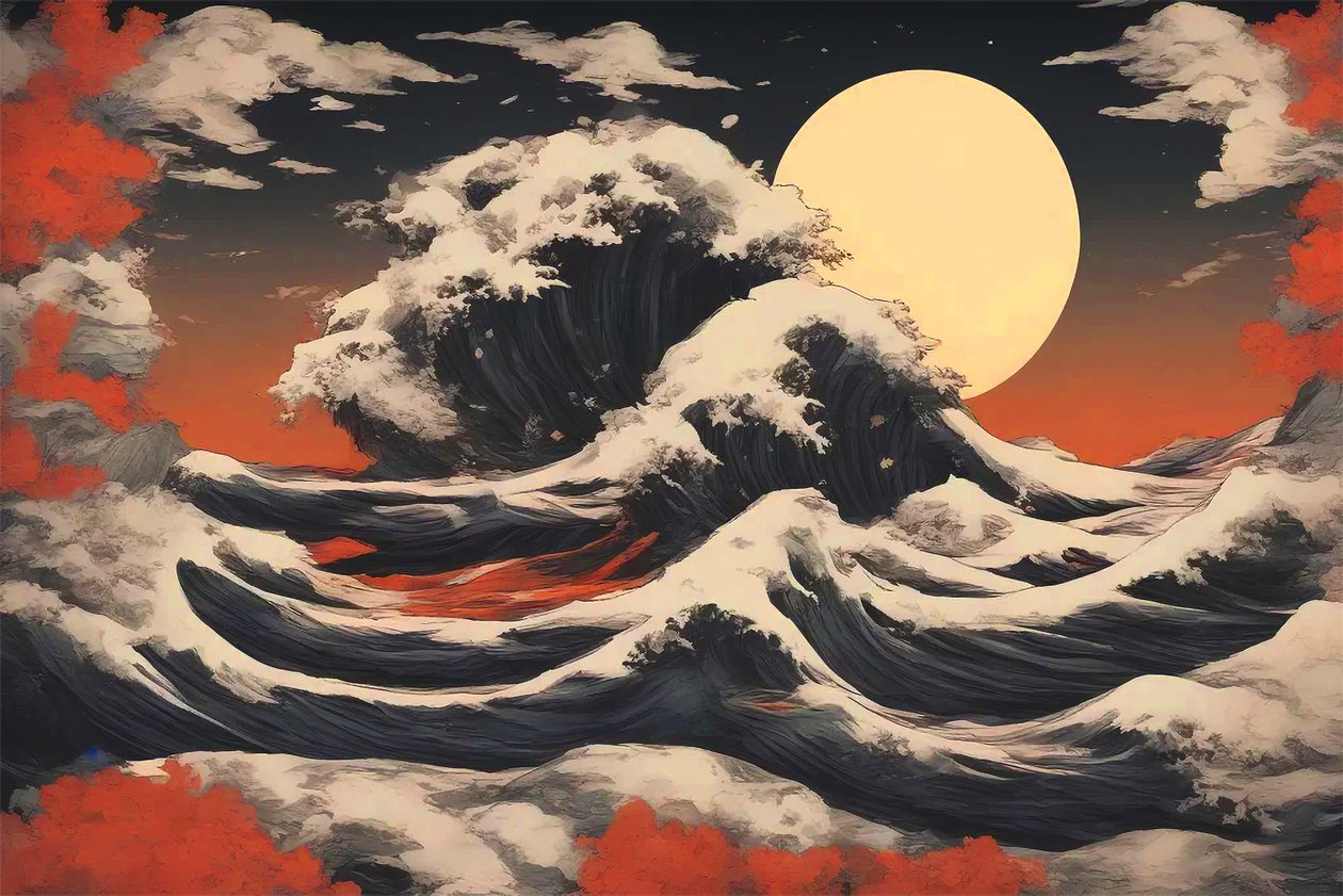 Røft hav i et sjølandskap i et landskapsmaleri, asiatisk stil, veggkunsttrykk av F. Abderrahim