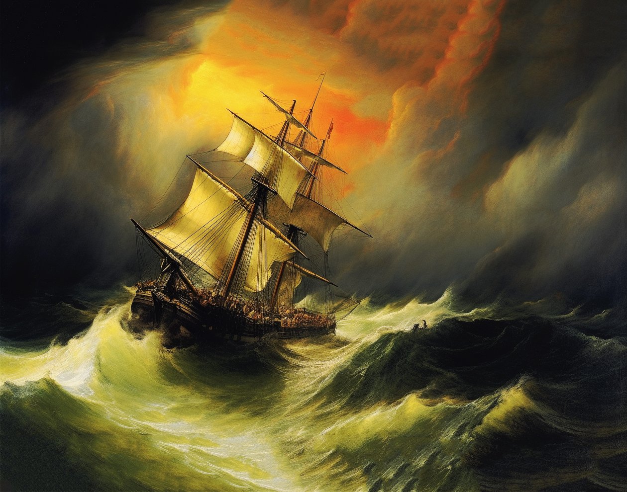 Ship in a Storm at Sea, William Turner malestil, print på forespørsel av F. Abderrahim