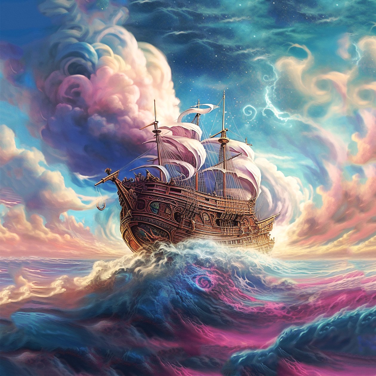 Skip som seiler de abstrakte skyene, surrealistisk himmel, veggkunst | Lerretstrykk av F. Abderrahim