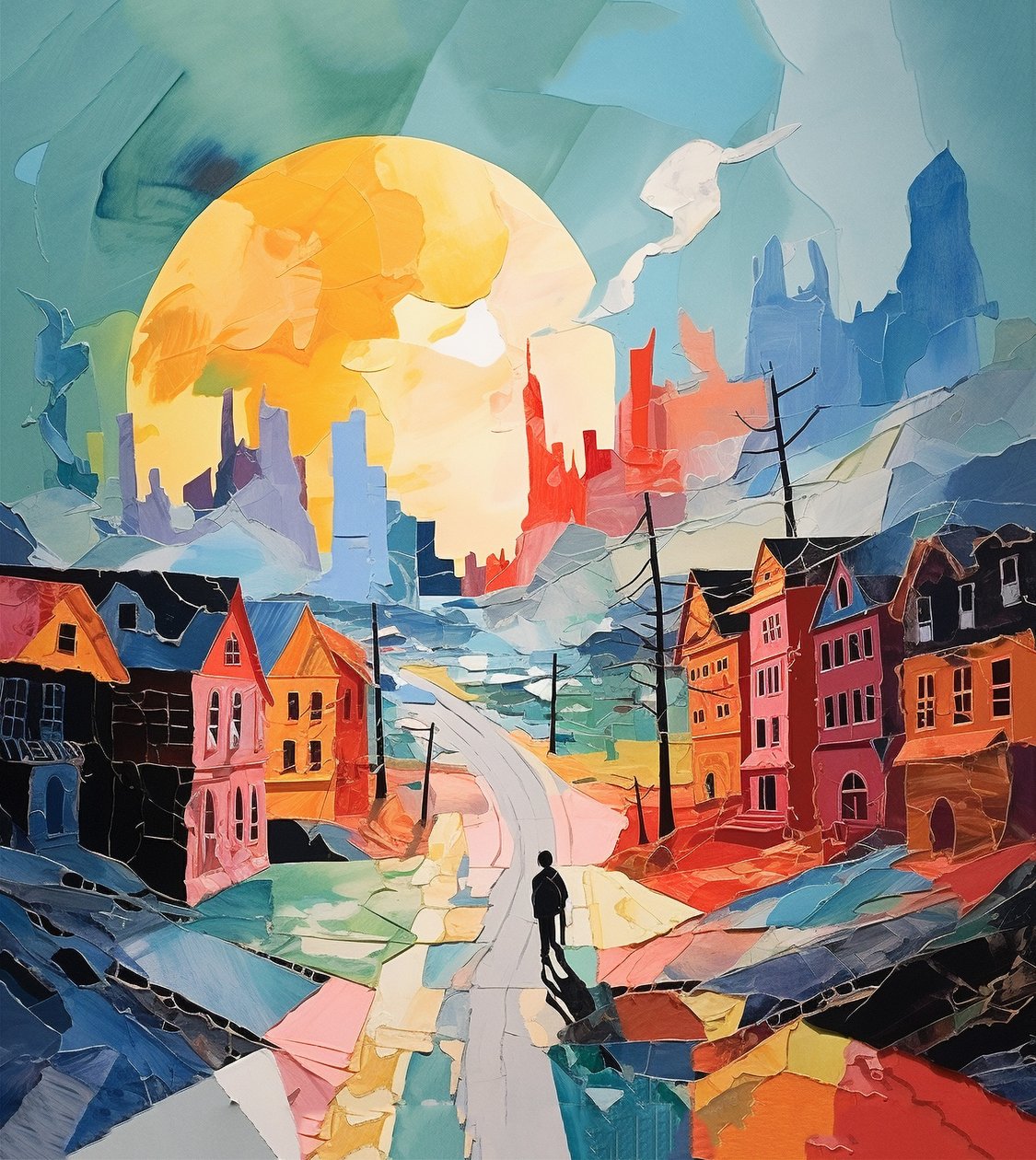 Snødag i gamlebyen, surrealisme Vinterlandskap, veggkunsttrykk av F. Abderrahim