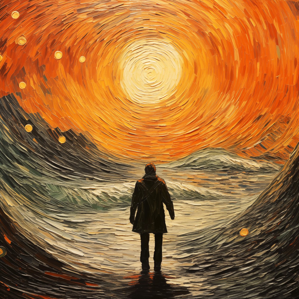 Surrealistisk scene, en mann i havets bølger, Vincent van Gogh impresjonistisk stil av F. Abderrahim