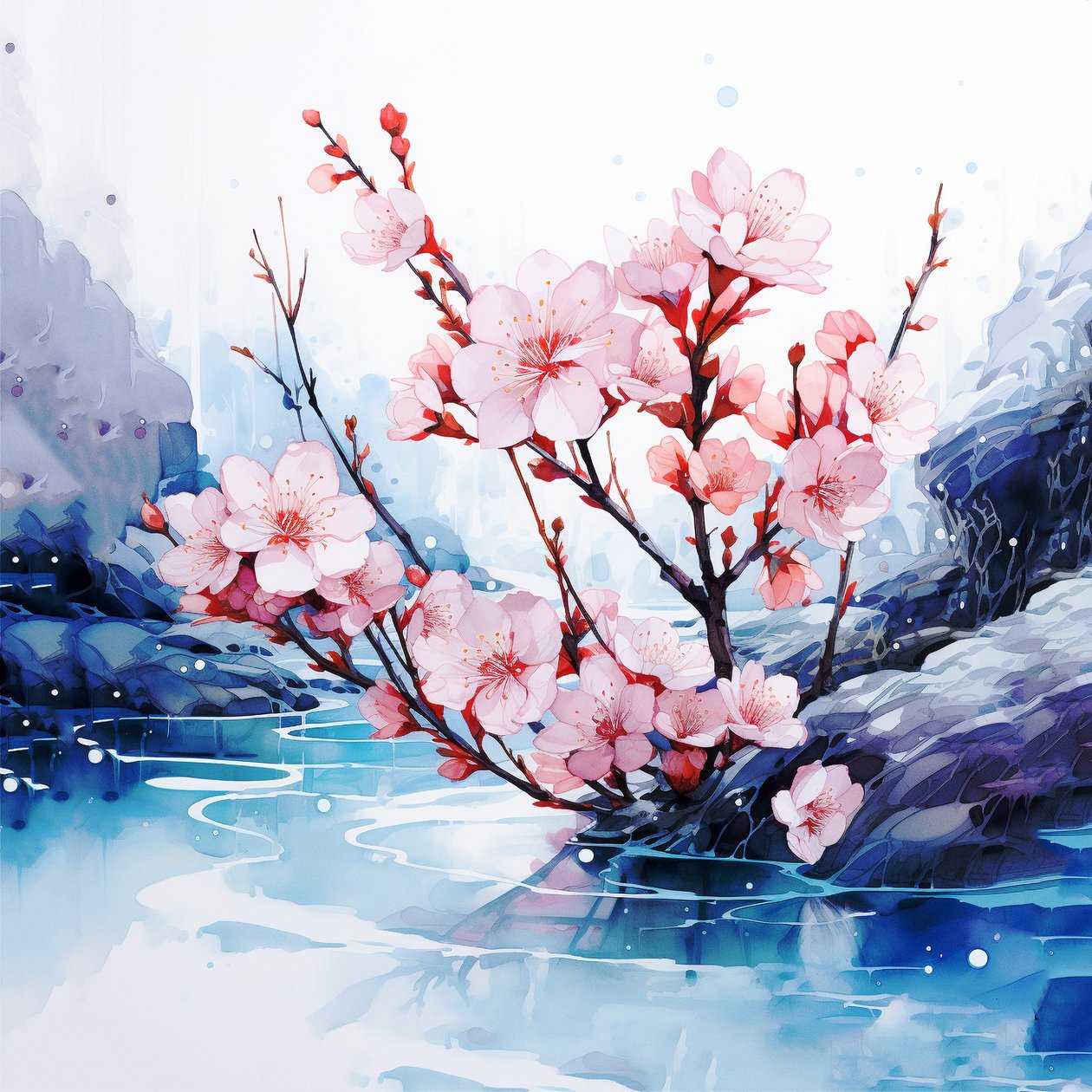 Surrealistisk akvarellmaling Japanske kirsebærblomster blomster, veggkunsttrykk av F. Abderrahim