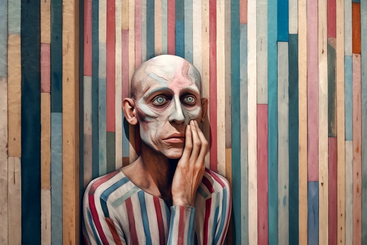 Surrealistisk maleri av en trist mann inspirert av Giorgio de Chirico, kunsttrykk av F. Abderrahim