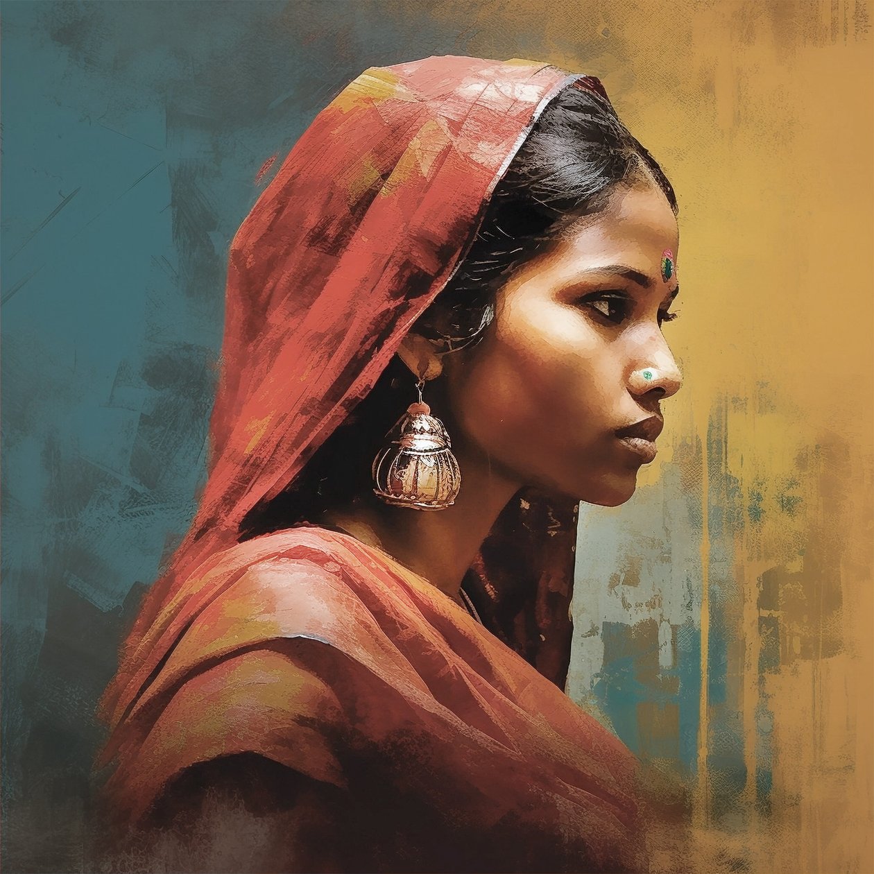 Tradisjonell indisk kvinne med sølvøredobber, Portrait Wall Art Print av F. Abderrahim