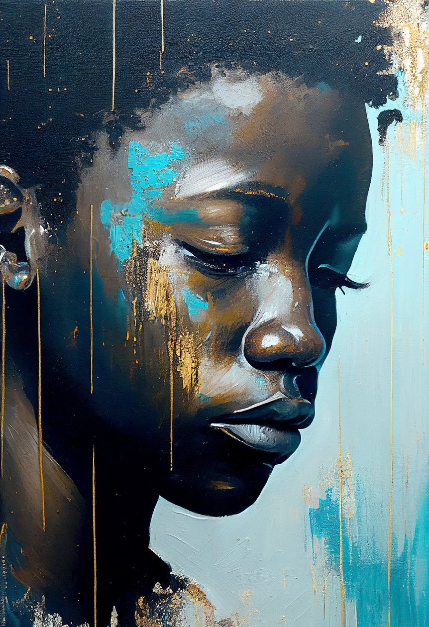 Abstrakt ung afrikansk mann på lerret, veggkunsttrykk av F. Abderrahim