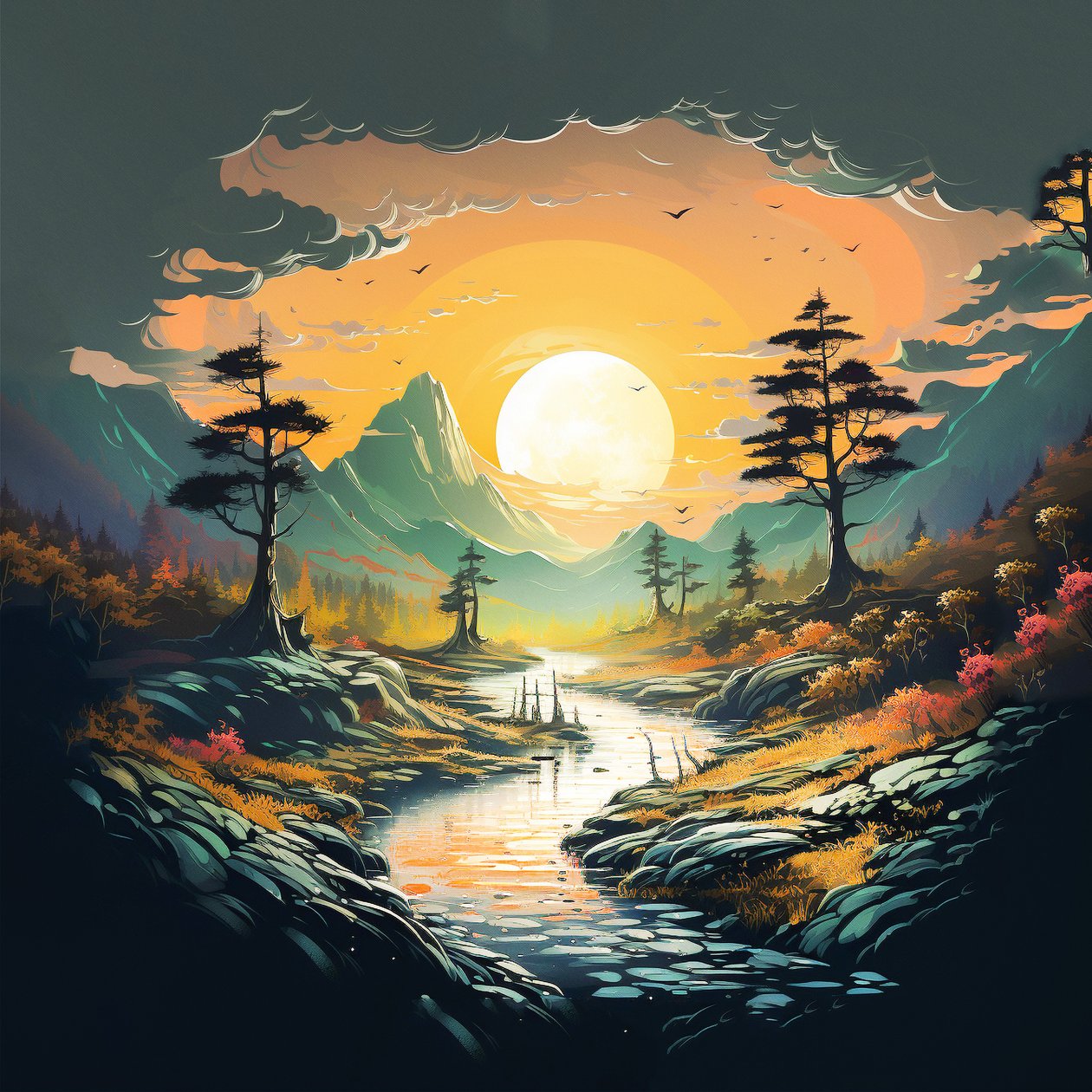fantasi fjell Solnedgang landskap natur digital tegning , veggkunst | Lerretstrykk av F. Abderrahim