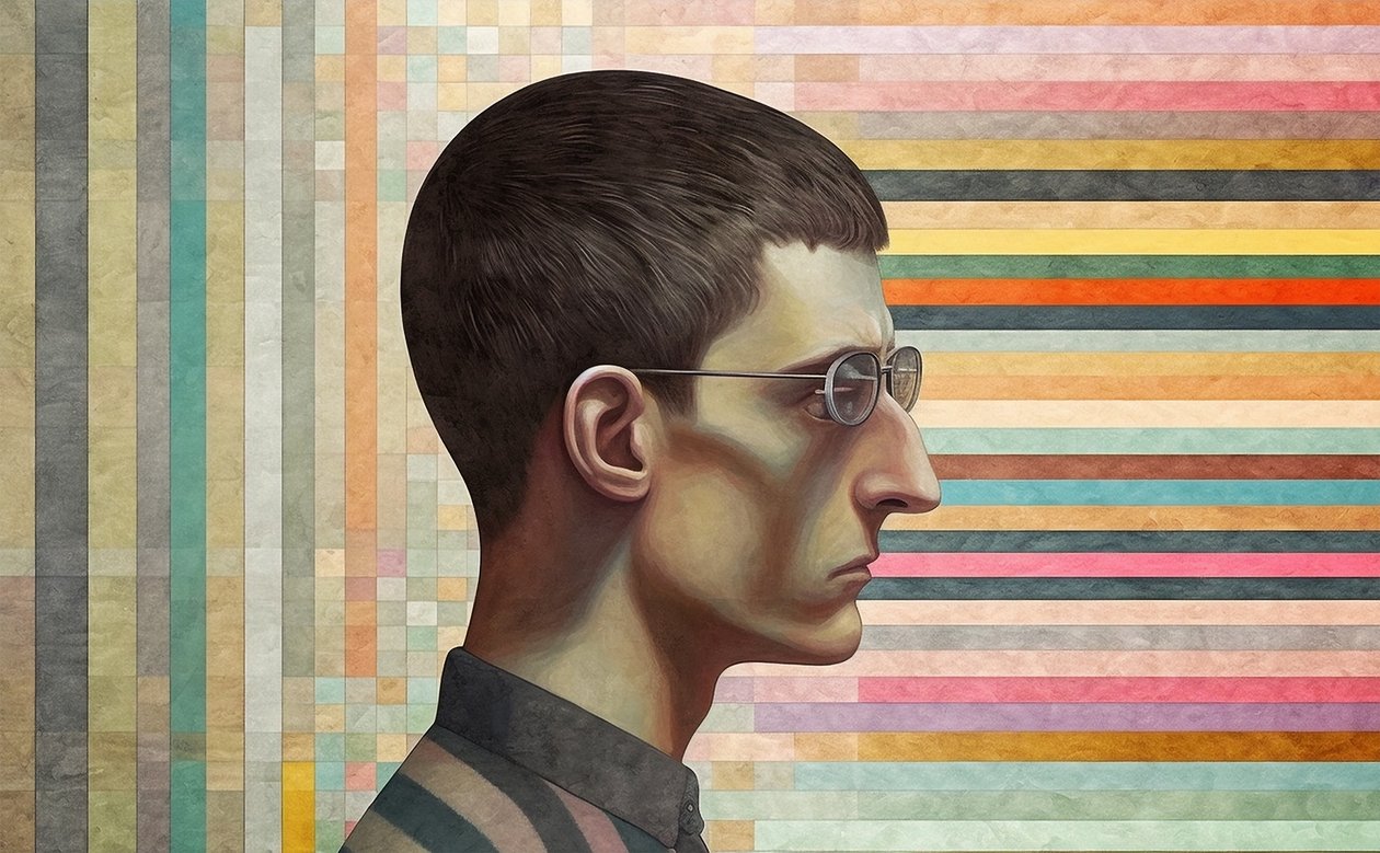 intellektuell mann inspirert av Giorgio de Chirico, surrealisme portrettmaleri av F. Abderrahim