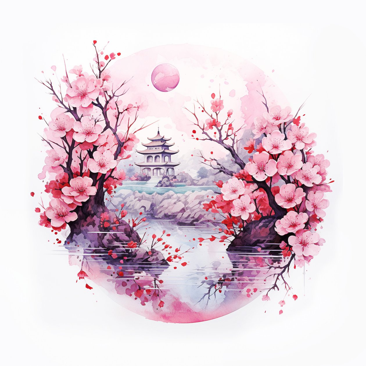 japansk tradisjonell hjemmehage med fleurs, veggkunsttrykk av F. Abderrahim
