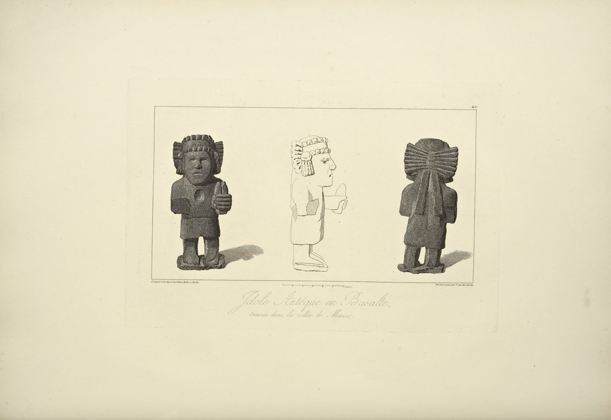 Aztec Idols in Basalt, illustrasjon fra 'Views of the Cordilleras and Monuments of the Native Peoples of America' av Alexander von Humboldt og Aime Bonpland av F. Arnold