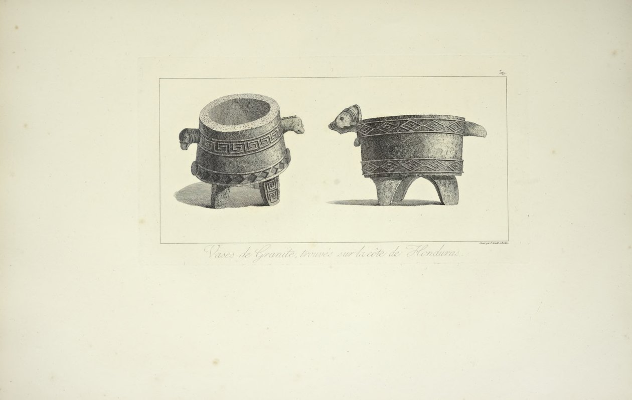 Vaser i granitt, funnet på kysten av Honduras, illustrasjon fra "Views of the Cordilleras and Monuments of the Indigenous Peoples of America" ​​av Alexander von Humboldt og Aime Bonpland, 1813 av F. Arnold