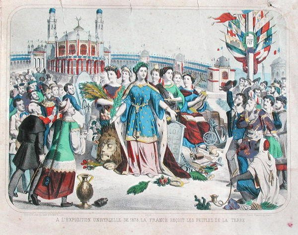 Frankrike tar imot verdens folk på verdensutstillingen i 1878 (farge litho) av F. C. Wentzel
