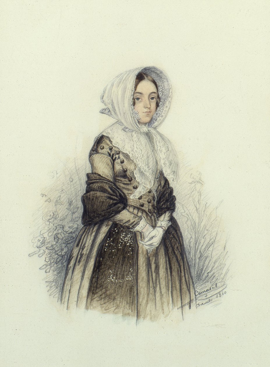 Portrett av en ung dame i en panser med hvite hansker, 1840 (wc og blyant på papir) av F. Camaret