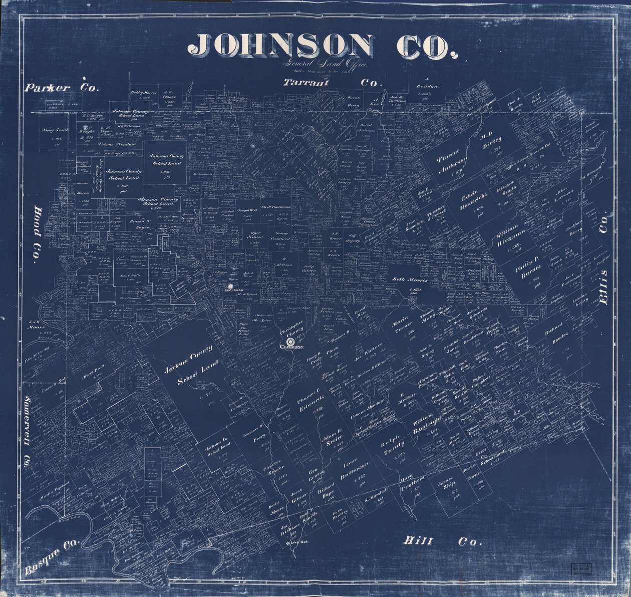 Blueprint Viser grunneierskap. LC Landeierskapskart, 1029 Også tilgjengelig via Library of Congress-nettstedet som et rasterbilde av F. G.; Texas. General Land Office Blau