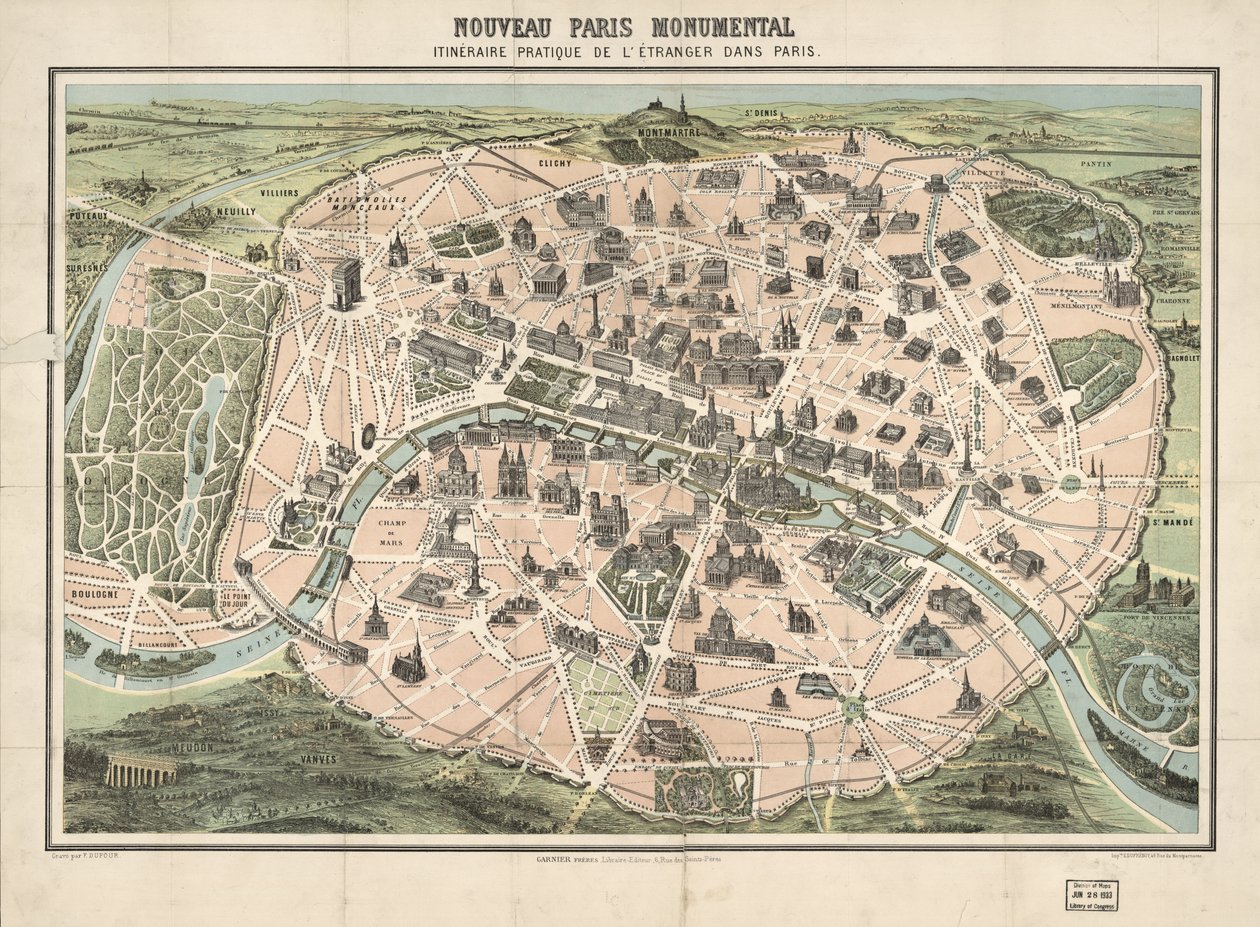 Utvalgte bygninger vist billedmessig. Fugleperspektiv. LC kopi montert på duk. Også tilgjengelig via Library of Congress-nettstedet som et rasterbilde av F.; Garnier Frères; Dufrénoy Dufour