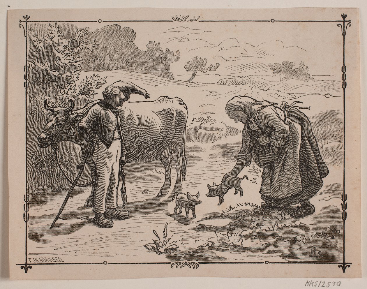 Illustrasjon til folkeeventyret "Tre små røde griser" av F. Hendriksen