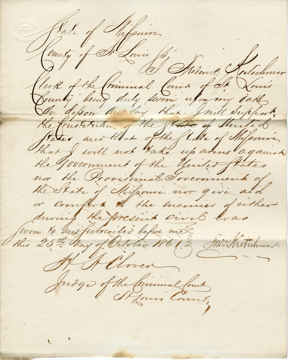 Lojalitetsed til Frederick Kretschmar, delstaten Missouri, fylket St Louis av F. Kretschmar