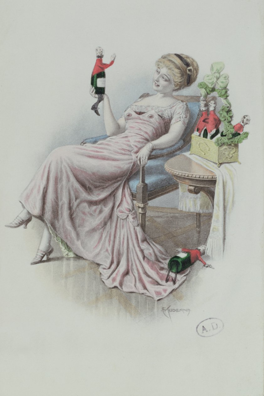 Postkort som viser en kvinne med flasker champagne i form av menn, ca. 1900 (farge litho) av F. Kuderna