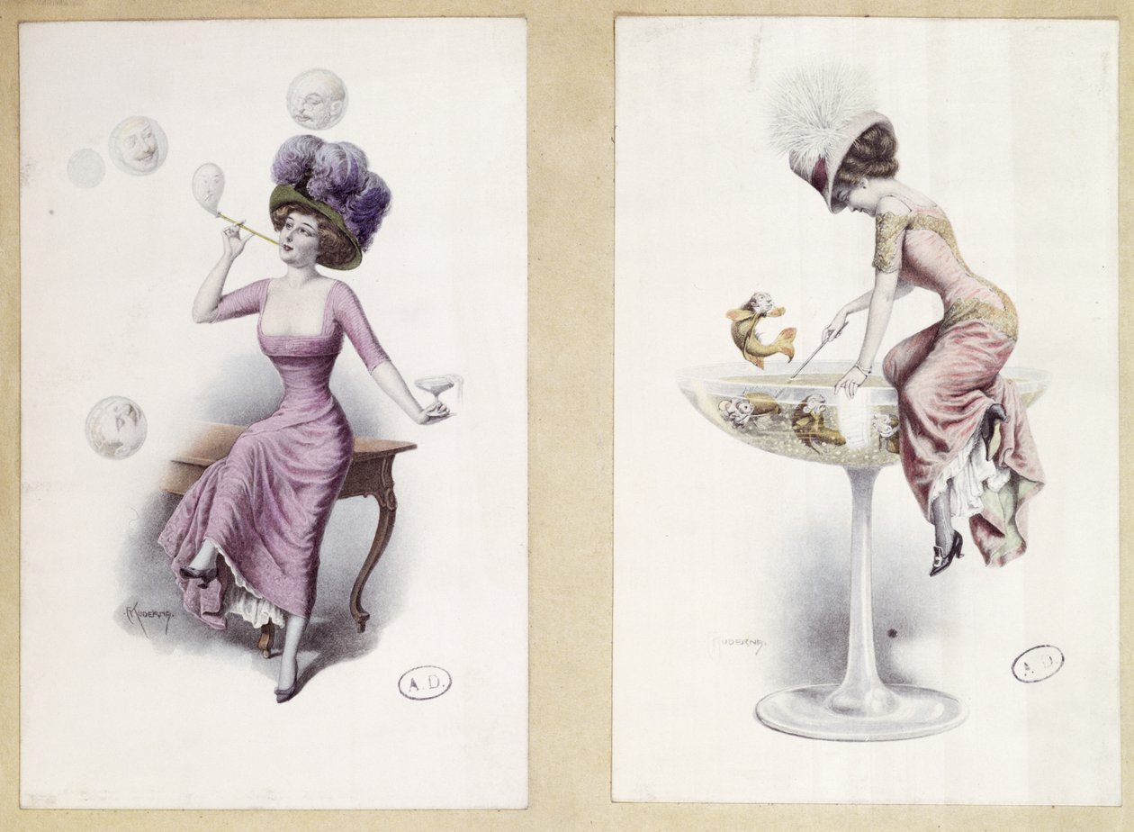 Postkort som viser en kvinne som blåser bobler og fisker i et champagneglass, ca. 1900 (farge litho) av F. Kuderna