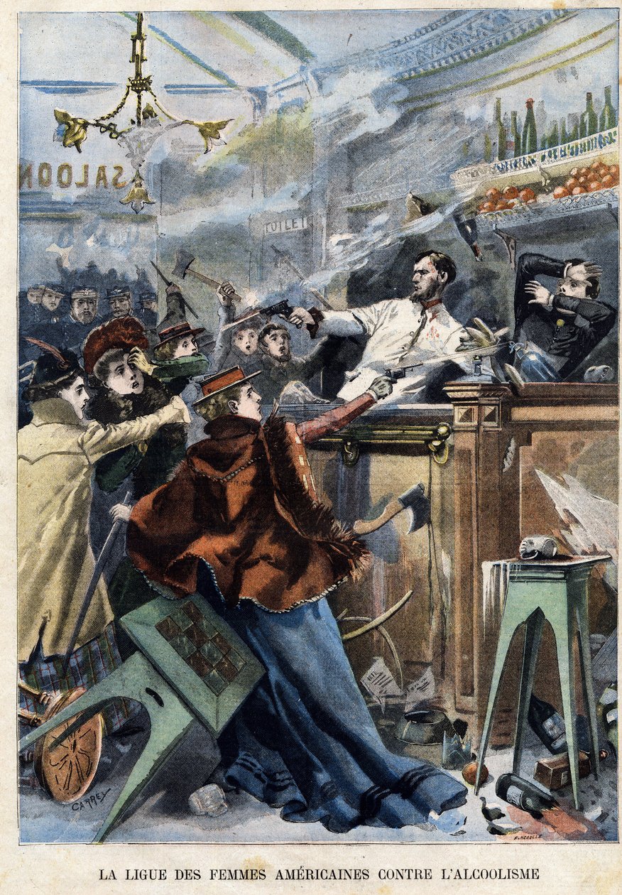 Amerikansk kvinneliga mot alkoholisme. I en amerikansk saloon skyter kvinner med våpen mot bartendere. av F. L & Carrey (fl.1900) Meaulle