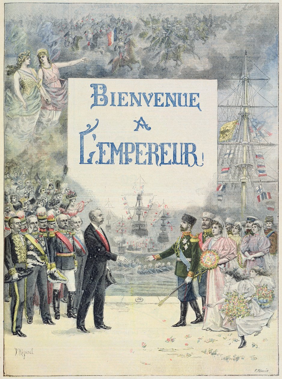 Velkommen til keiseren og keiserinnen av Russland, illustrasjon fra det illustrerte tillegget til Le Petit Journal, 4. oktober 1896 (litho i farger) av F. L. and L. Royer Meaulle