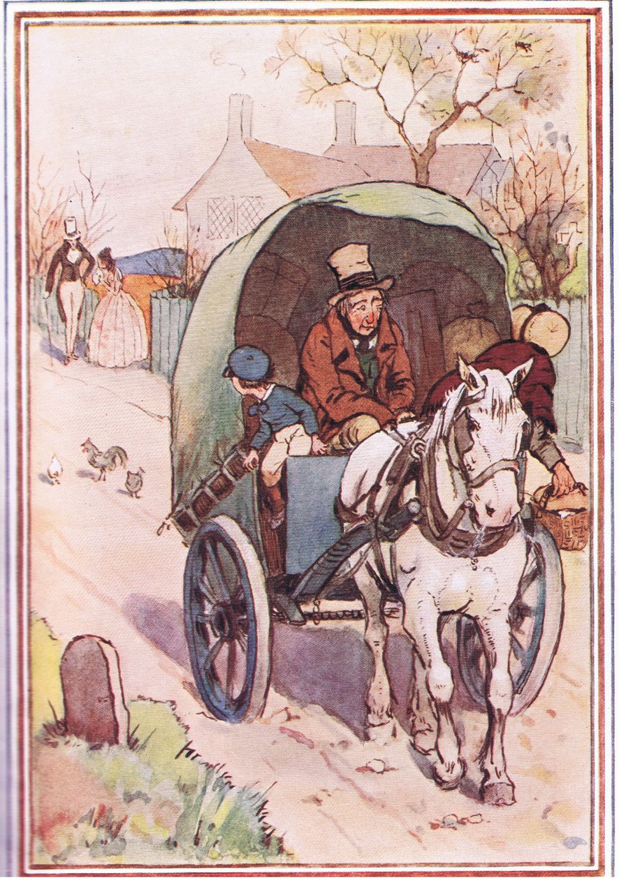 Mens de flyttet bort løp moren hans ut av porten, illustrasjon fra David Copperfield, 1914 av F. M. B. Blaikie