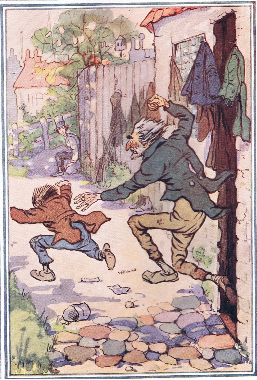 Hed skynder seg ut av butikken etter dem og sender dem flyvende, illustrasjon fra David Copperfield, 1914 av F. M. B. Blaikie