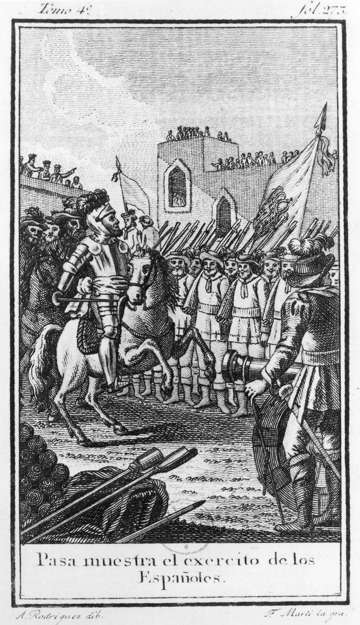 Hernando Cortes (1485-1547) Gjennomgår troppene sine, gravert av Antonio Rodriquez av F. Marti