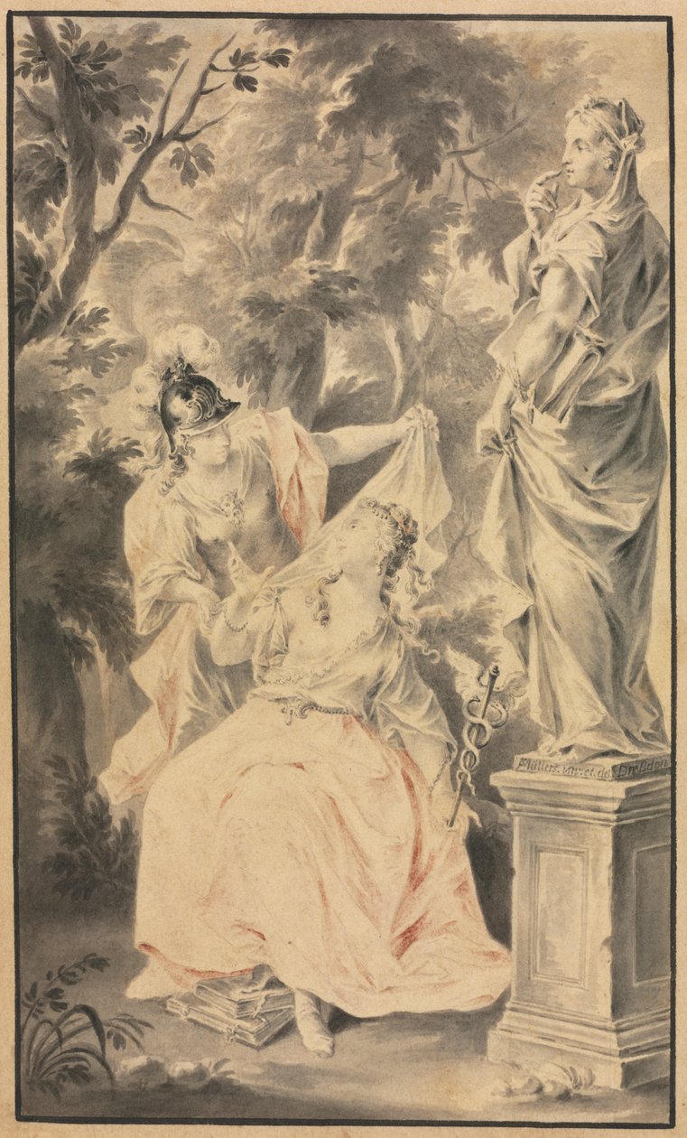 Allegorisk scene: Par før en statue av F. Muller