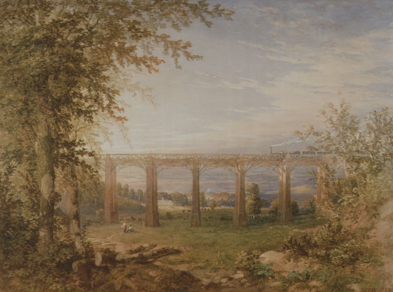 En murstein- og tømmerjernbaneviadukt med damptog, 1849 (wc på papir) (par til 3247622) av F. S. Cook